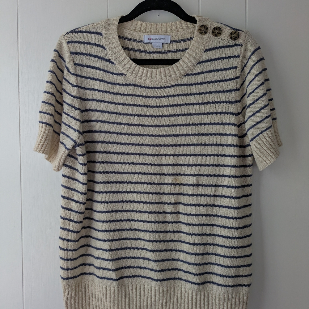 Liz Claiborne Cream Striped Crew Neck Sweater